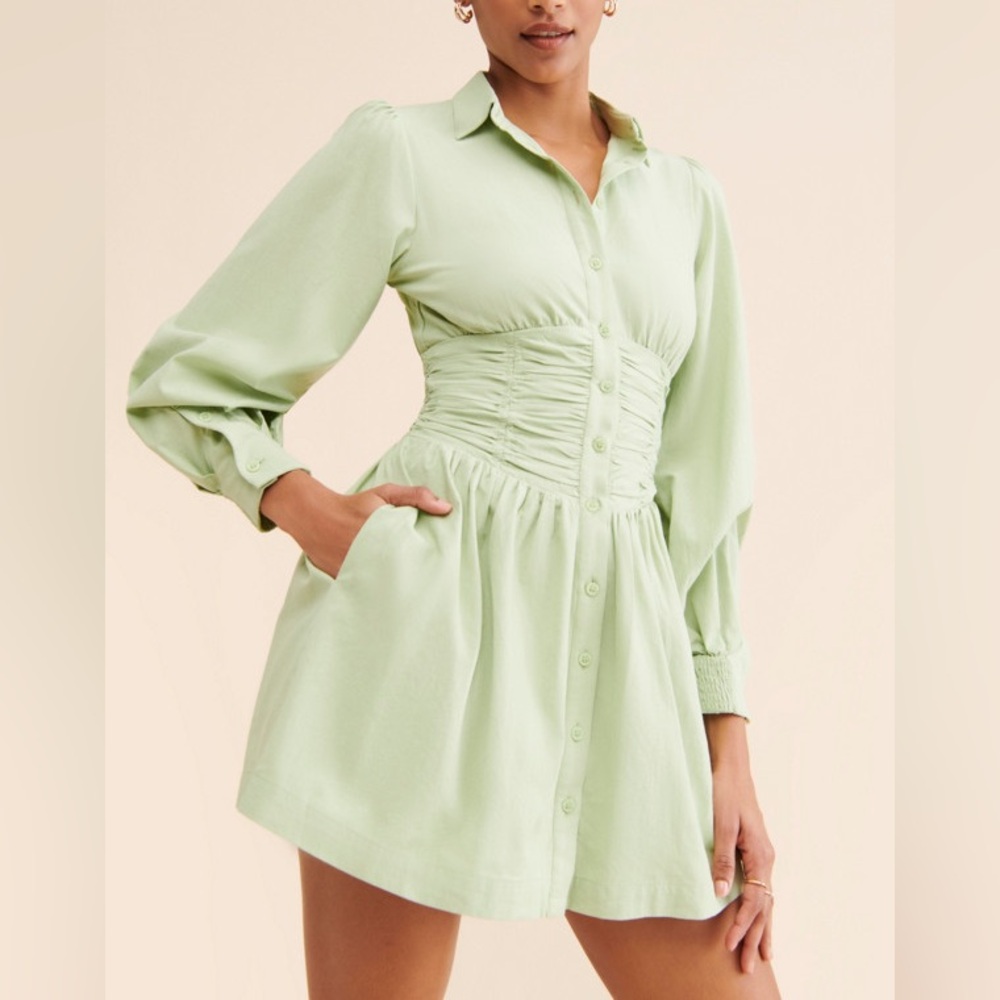 Anthropologie Sovere Refresh Mini Dress in Light Green Cotton Linen Blend XS